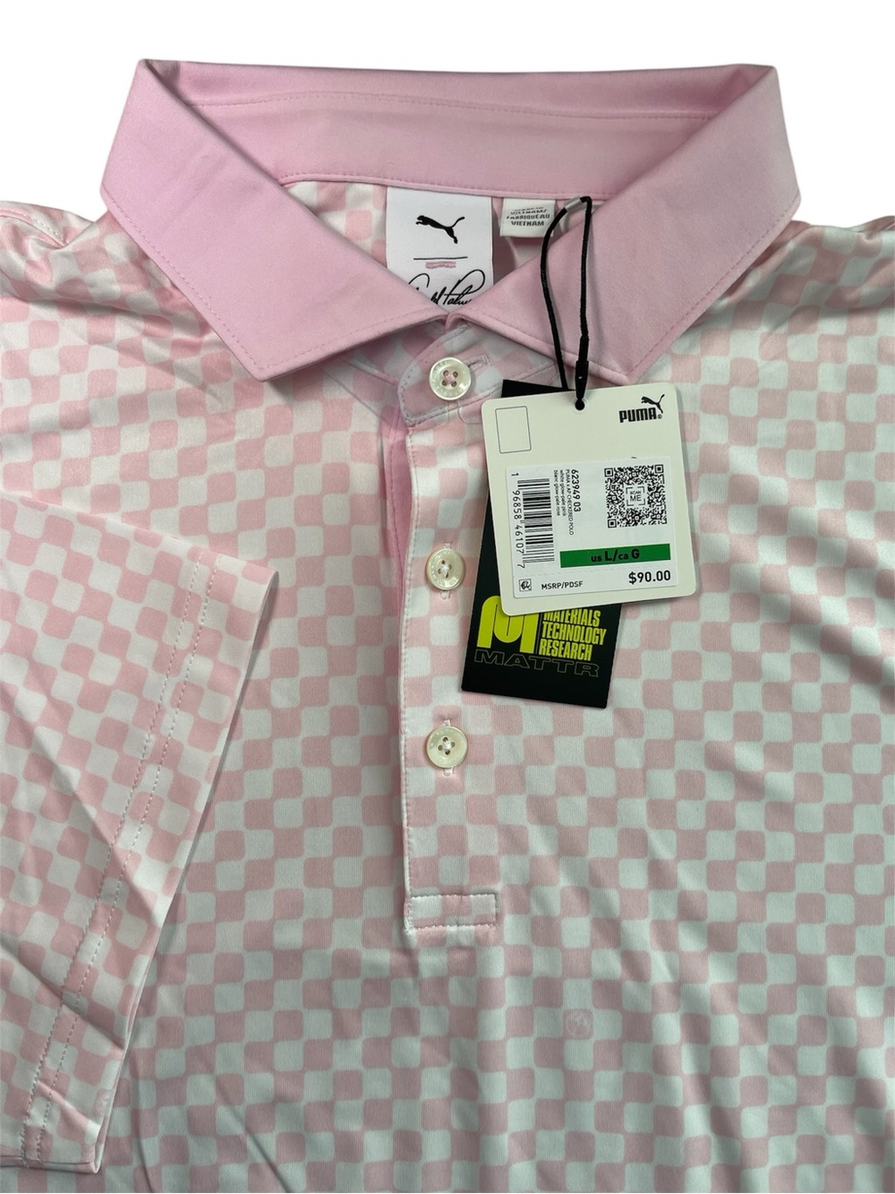 Puma Mens Arnold Palmer AP Checkered Polo Golf Shirt L Glow Pale Pink $90
